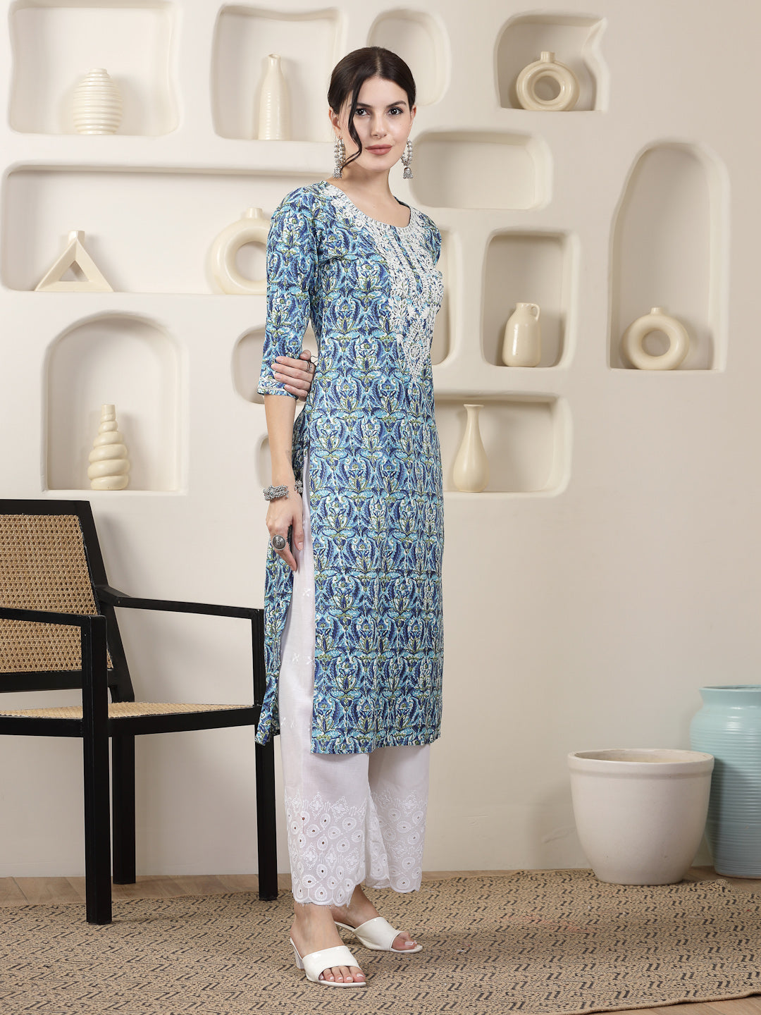 Blue Printed &amp; Embroidered Rayon Straight Chicken Kurta