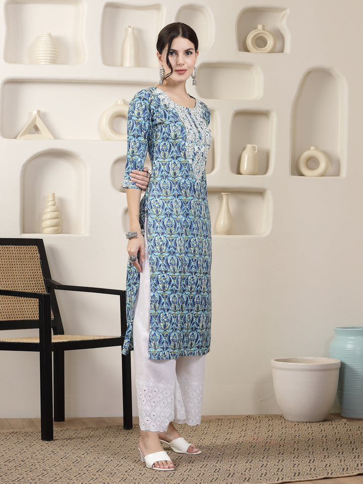 Blue Printed &amp; Embroidered Rayon Straight Chicken Kurta