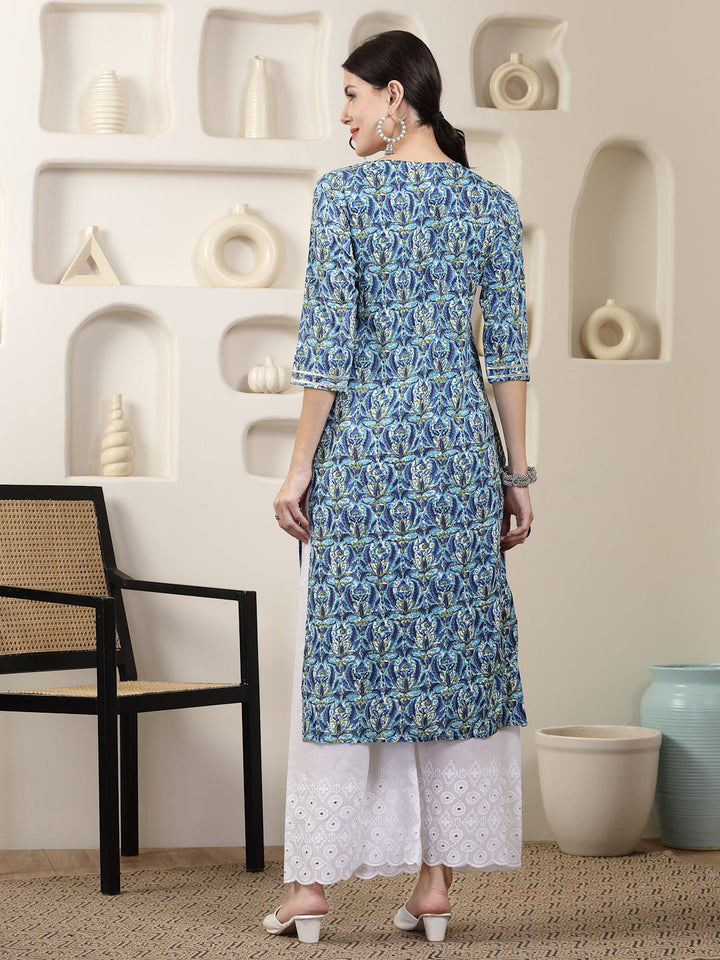 Blue Printed &amp; Embroidered Rayon Straight Chicken Kurta