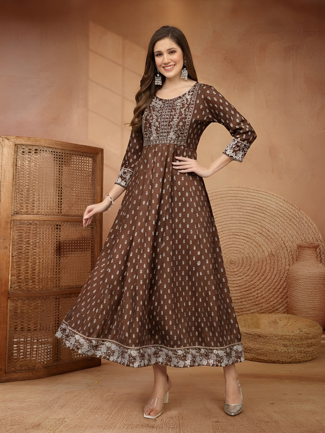Ethnic Motifs Printed & Embroidered Rayon Long Ethnic Dress Dress