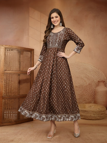 Ethnic Motifs Printed & Embroidered Rayon Long Ethnic Dress Dress