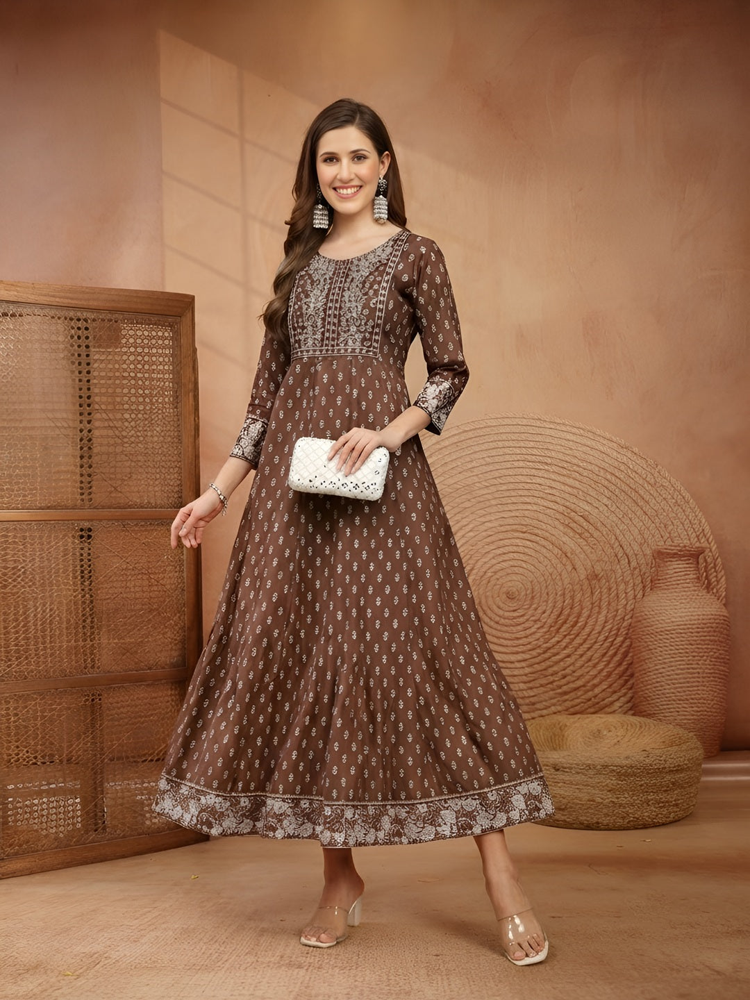 Ethnic Motifs Printed & Embroidered Rayon Long Ethnic Dress Dress