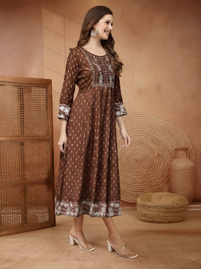 Ethnic Motifs Printed & Embroidered Rayon Long Ethnic Dress Dress