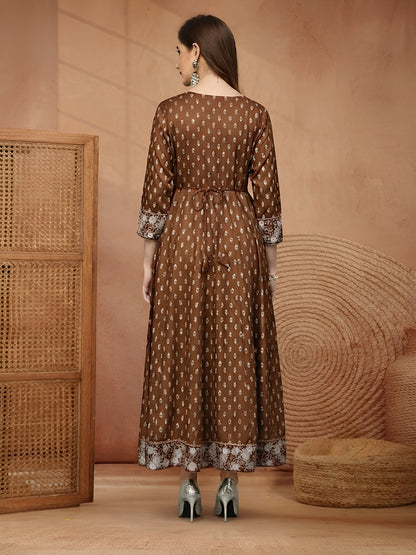 Ethnic Motifs Printed & Embroidered Rayon Long Ethnic Dress Dress