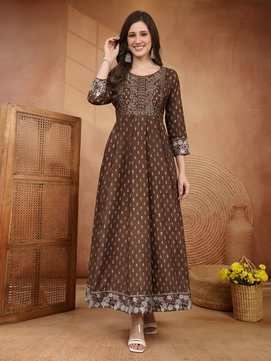 Ethnic Motifs Printed & Embroidered Rayon Long Ethnic Dress Dress