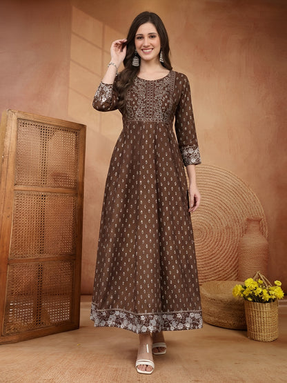 Ethnic Motifs Printed & Embroidered Rayon Long Ethnic Dress Dress
