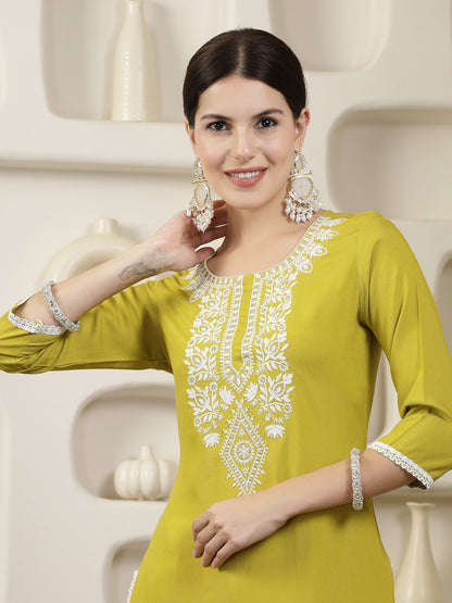 Yellow Solid & Embroidered Rayon Straight Chicken Kurta