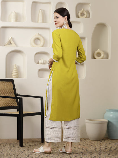 Yellow Solid & Embroidered Rayon Straight Chicken Kurta