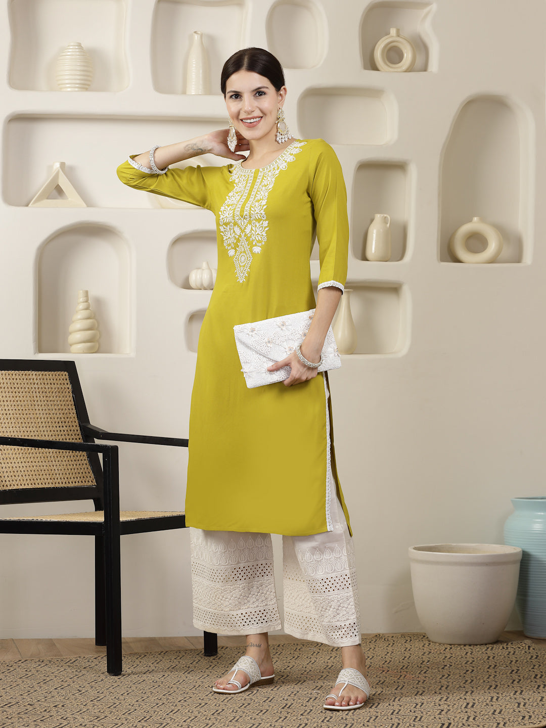 Yellow Solid &amp; Embroidered Rayon Straight Chicken Kurta