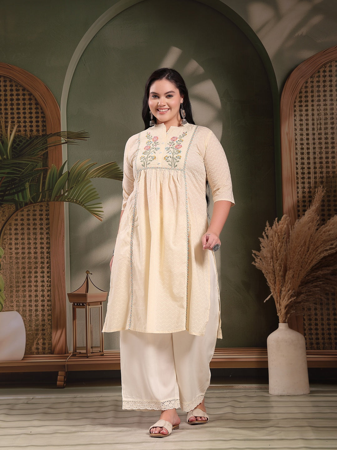 Plus Size Cream Self Designed &amp; Embroidered Cotton A-Line Kurta
