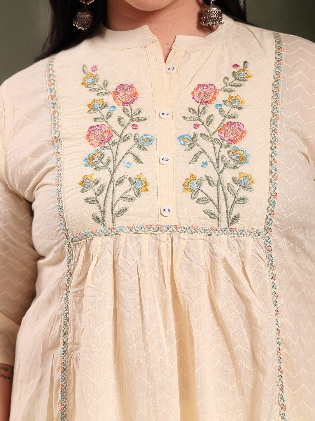 Plus Size Cream Self Designed &amp; Embroidered Cotton A-Line Kurta
