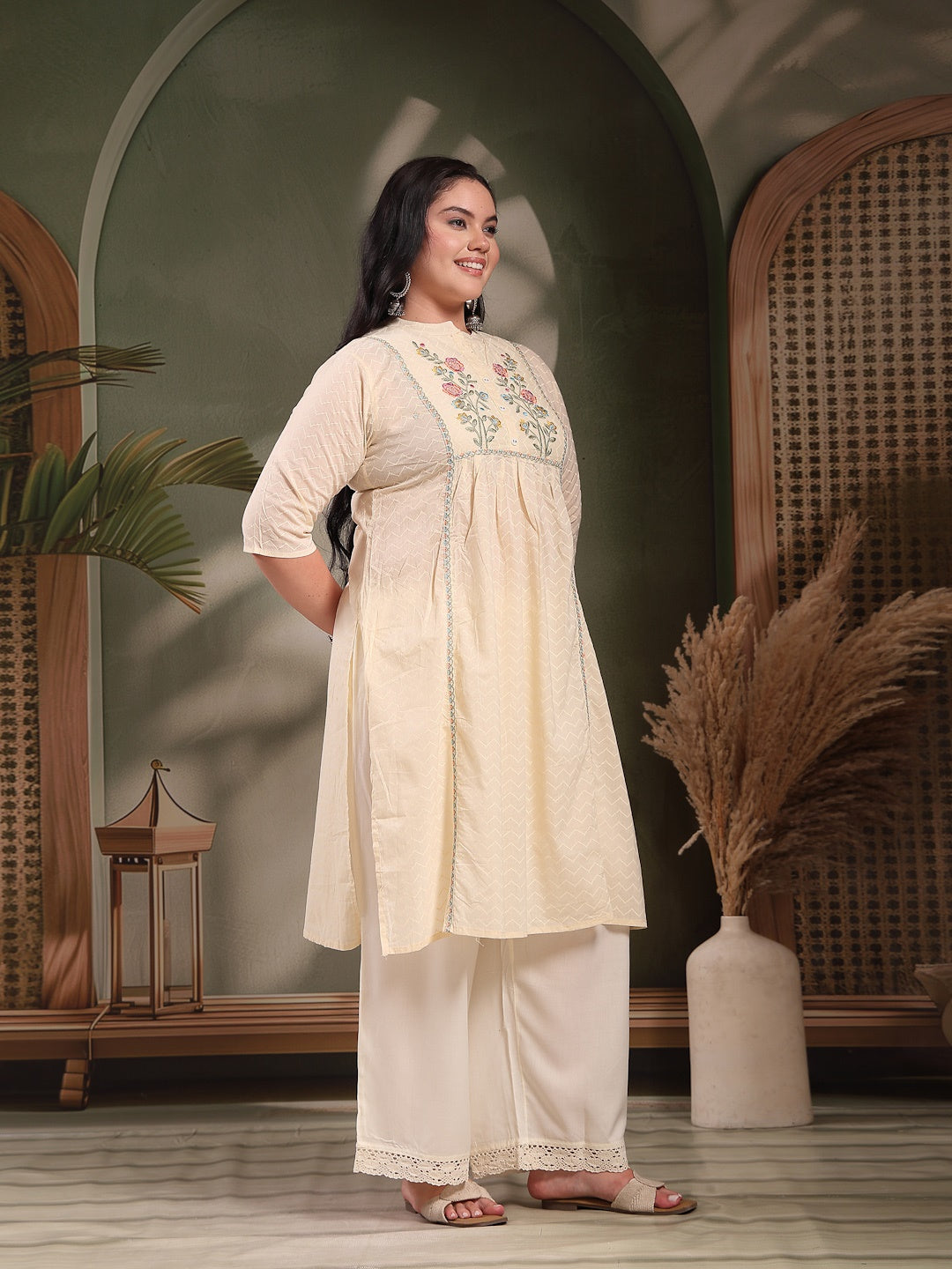 Plus Size Cream Self Designed & Embroidered Cotton A-Line Kurta (Pre-Order)