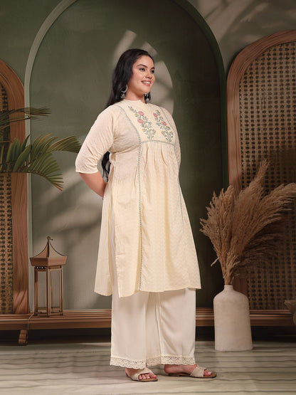 Plus Size Cream Self Designed & Embroidered Cotton A-Line Kurta (Pre-Order)