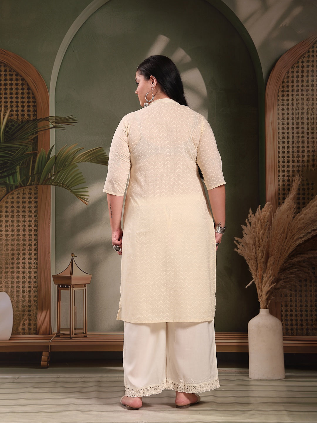 Plus Size Cream Self Designed &amp; Embroidered Cotton A-Line Kurta