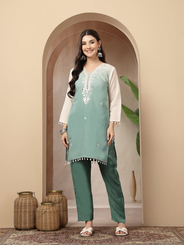 Solid &amp; Mirror Work Silk Blend Co-Ords Set