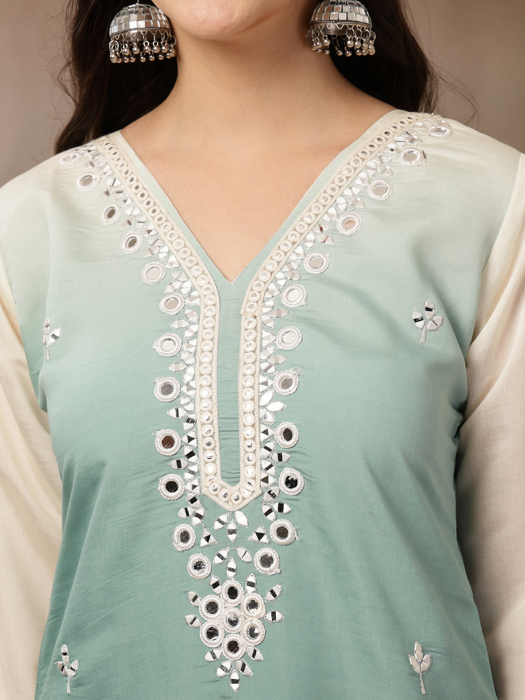 Solid &amp; Mirror Work Silk Blend Co-Ords Set