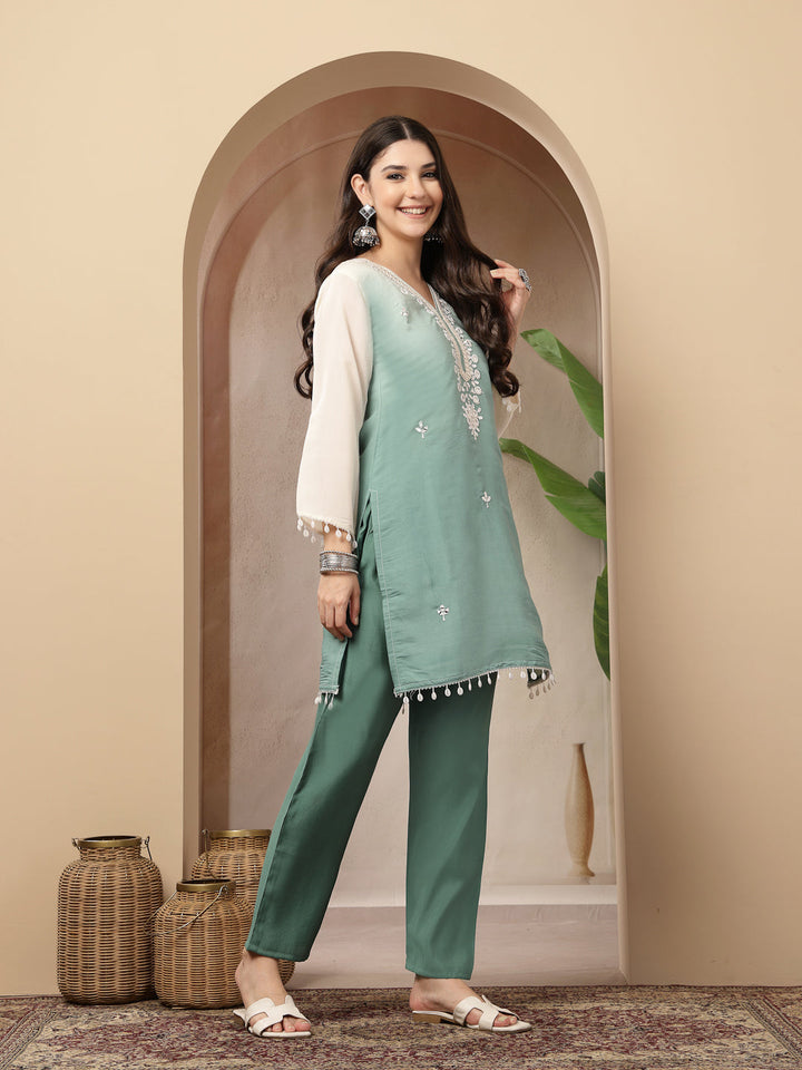 Solid &amp; Mirror Work Silk Blend Co-Ords Set