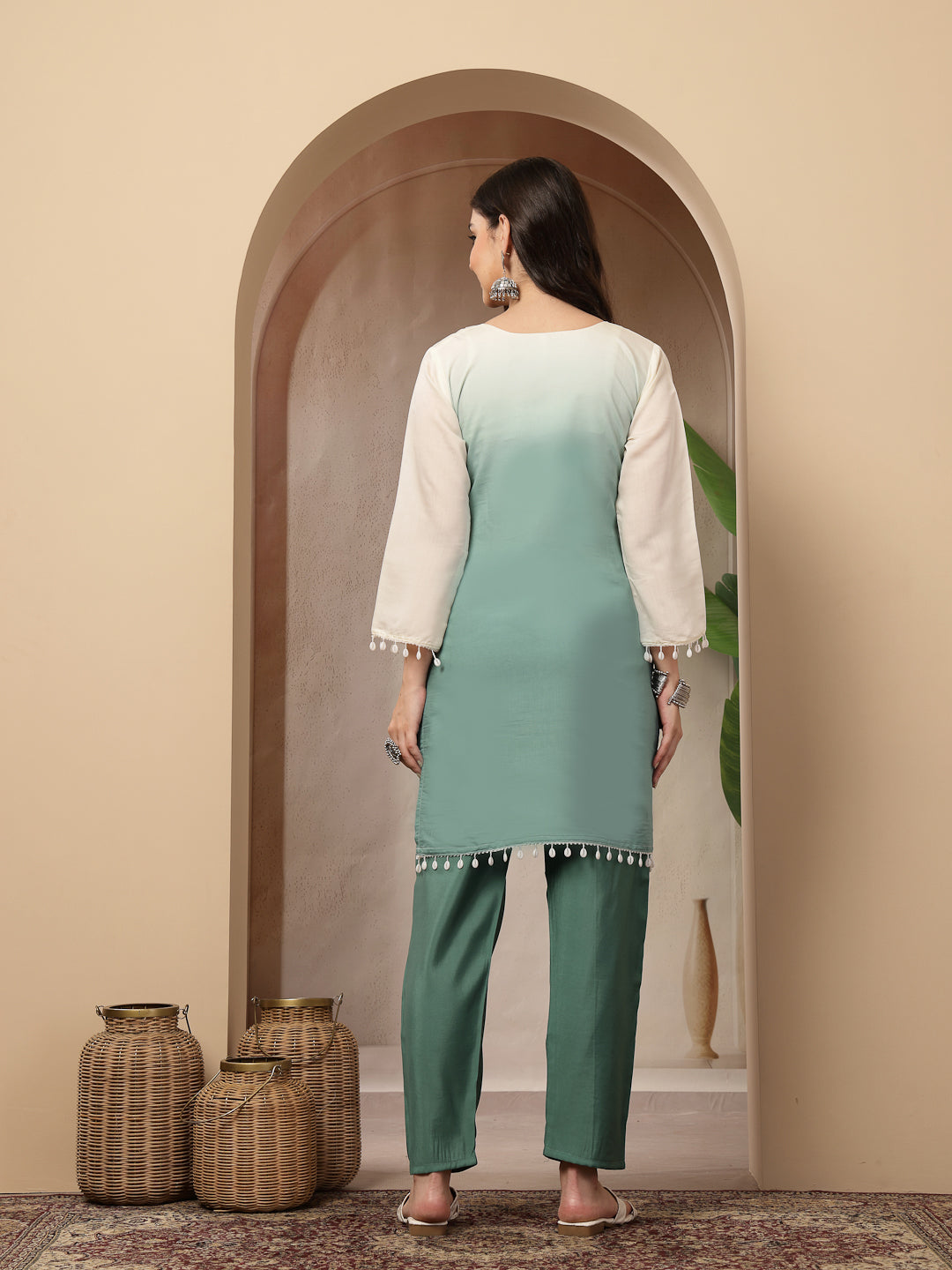 Solid &amp; Mirror Work Silk Blend Co-Ords Set