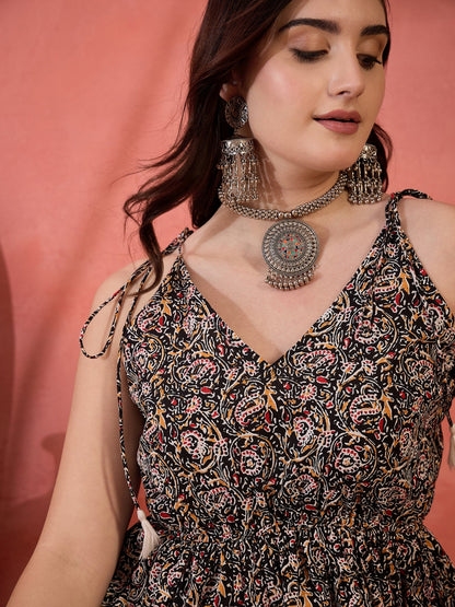 Women's Black Floral Printed Cotton Co-Ord Set