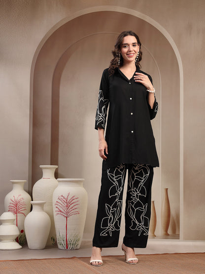 Black Solid & Embroidered Rayon Co-Ord Set (Pre-Order)