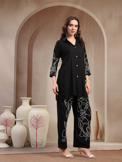 Black Solid & Embroidered Rayon Co-Ord Set