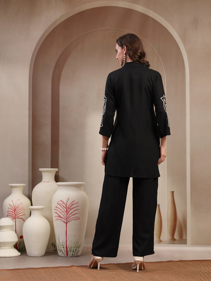 Black Solid & Embroidered Rayon Co-Ord Set