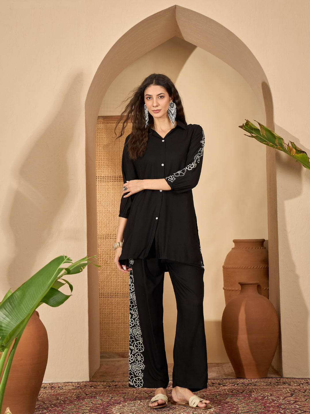 Solid &amp; Embroidered Rayon Co-Ord Set