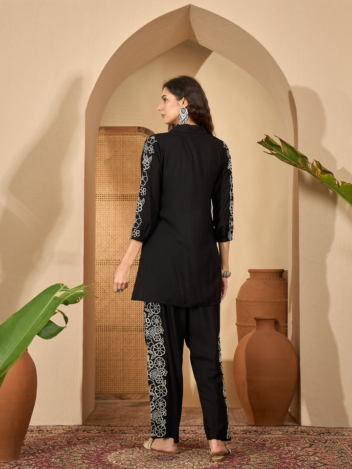 Solid &amp; Embroidered Rayon Co-Ord Set