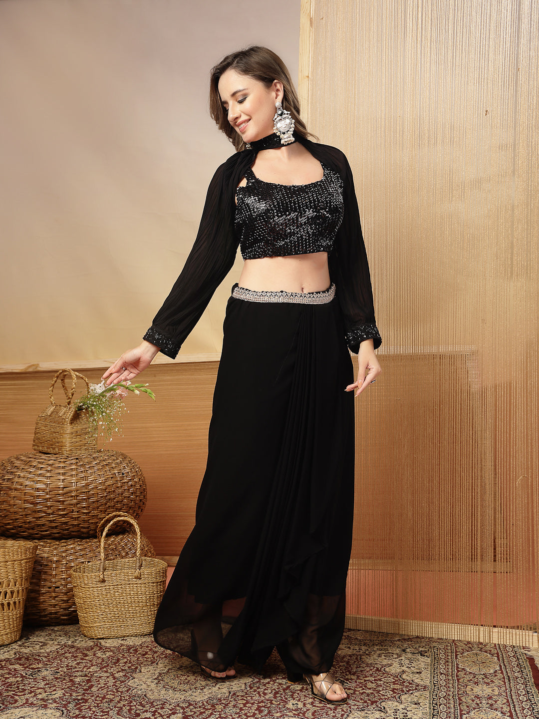 Solid &amp; Embroidered Georgette Co-Ords Set