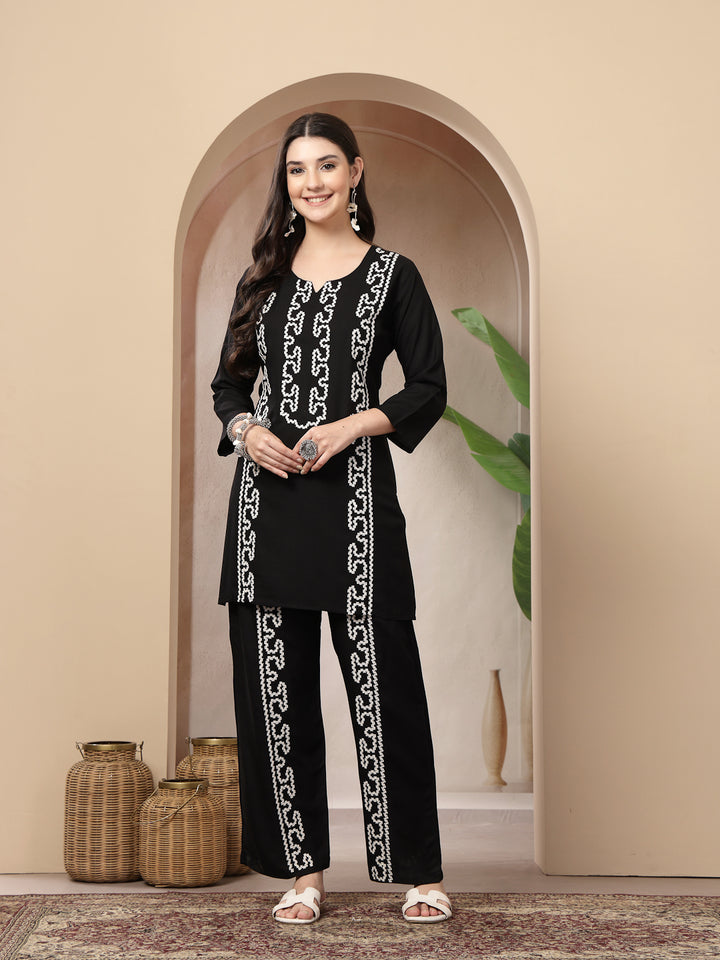 Black Solid &amp; Embroidered Rayon Co-Ord Set