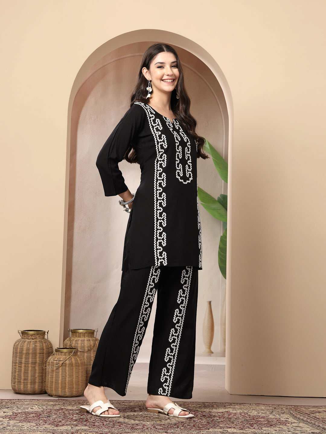 Black Solid &amp; Embroidered Rayon Co-Ord Set