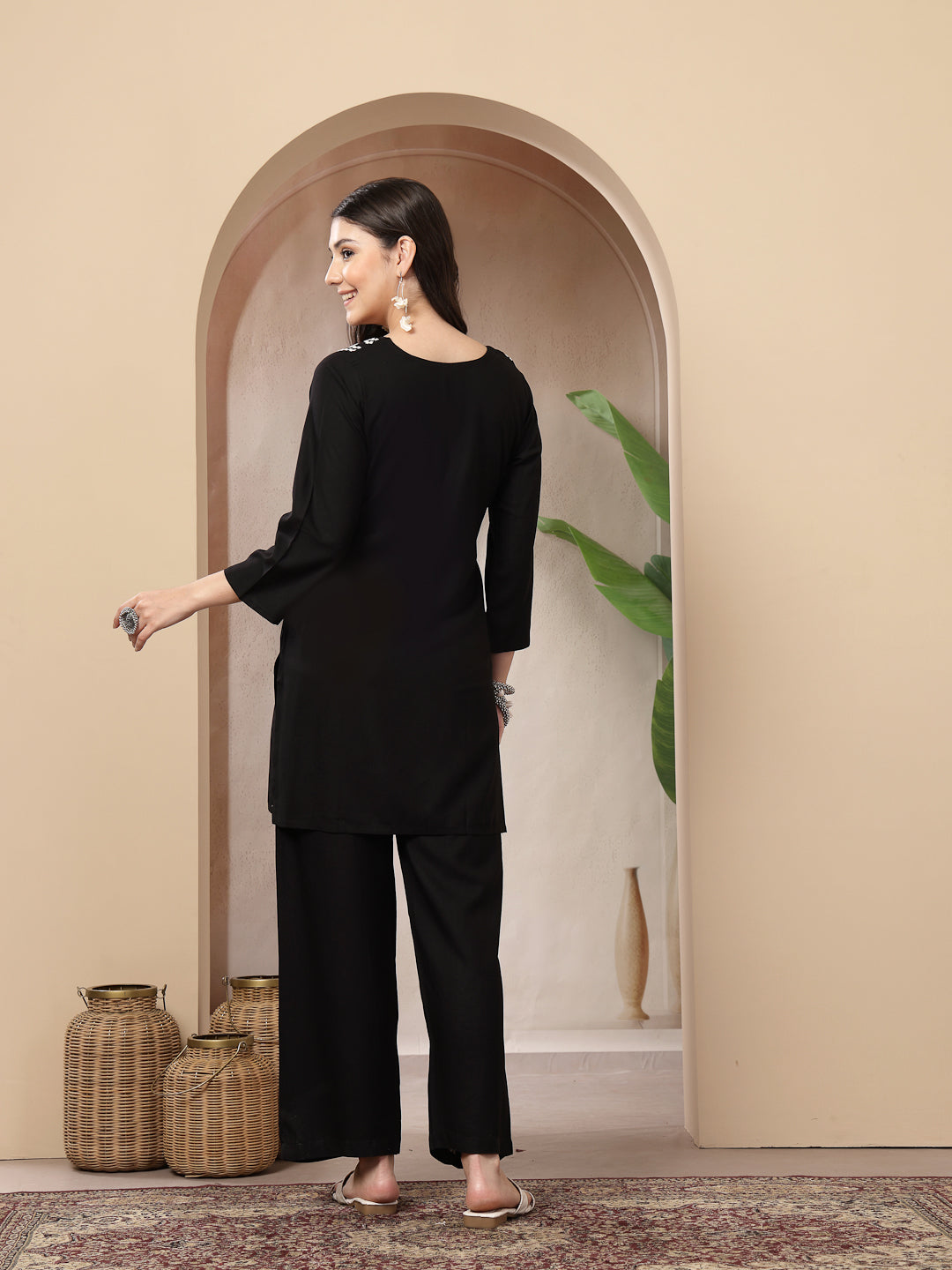 Black Solid &amp; Embroidered Rayon Co-Ord Set
