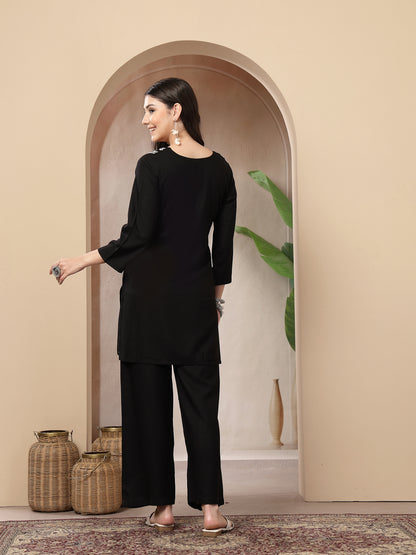 Black Solid & Embroidered Rayon Co-Ord Set