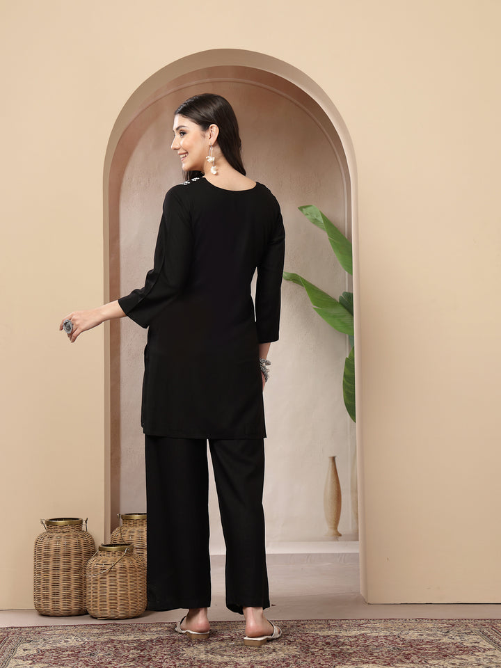 Black Solid &amp; Embroidered Rayon Co-Ord Set