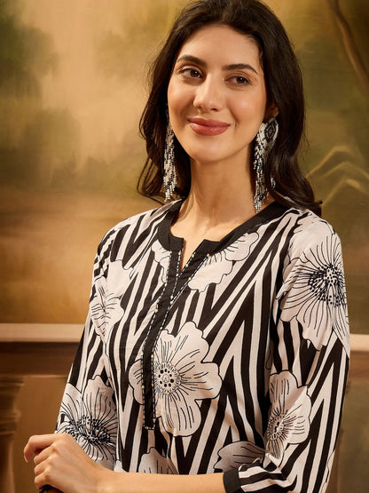 Black Striped & Floral Printed Cotton Co-ord Set (Pre-Order)