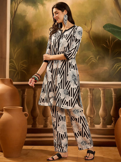 Black Striped & Floral Printed Cotton Co-ord Set (Pre-Order)