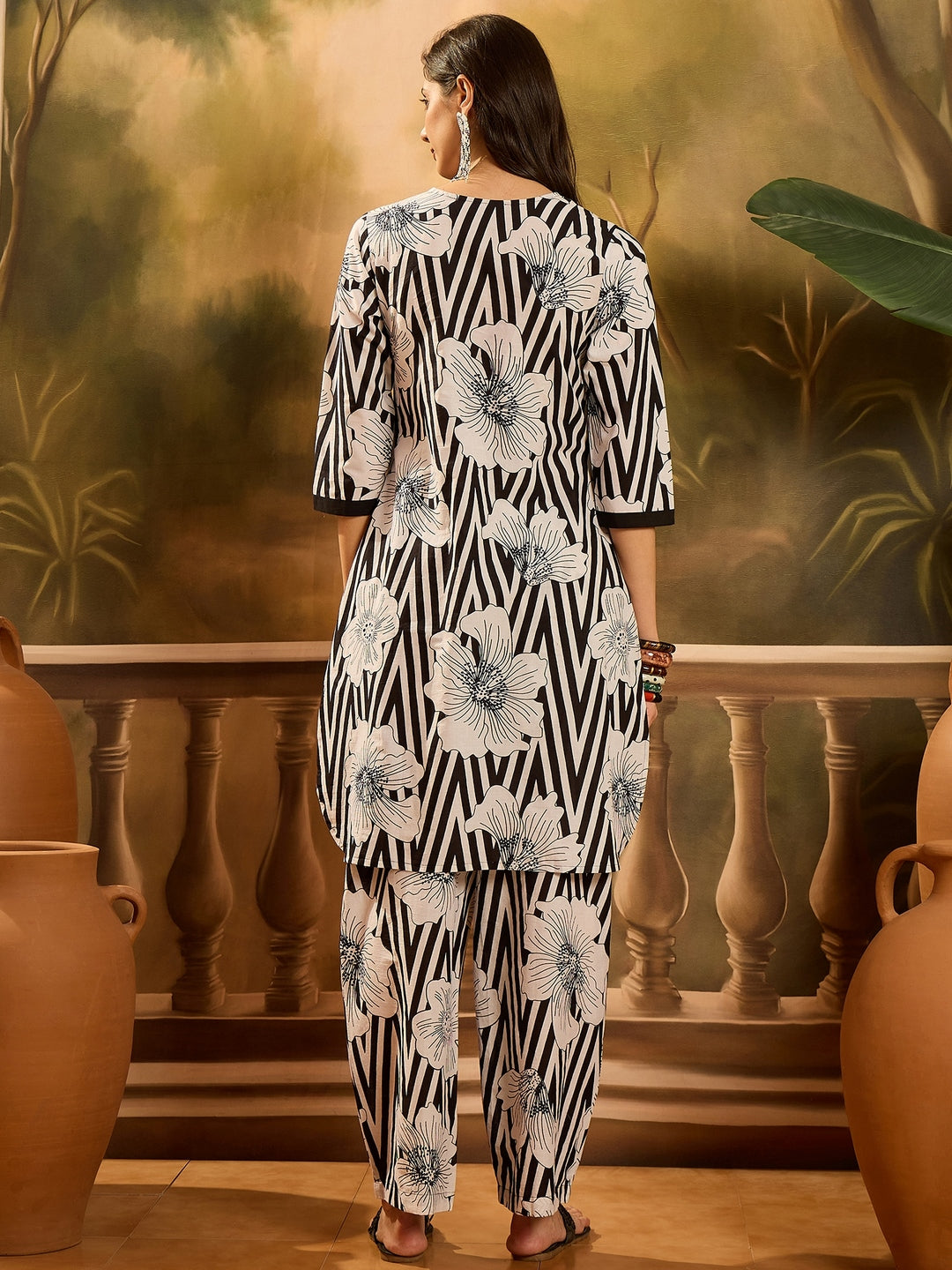 Black Striped & Floral Printed Cotton Co-ord Set (Pre-Order)