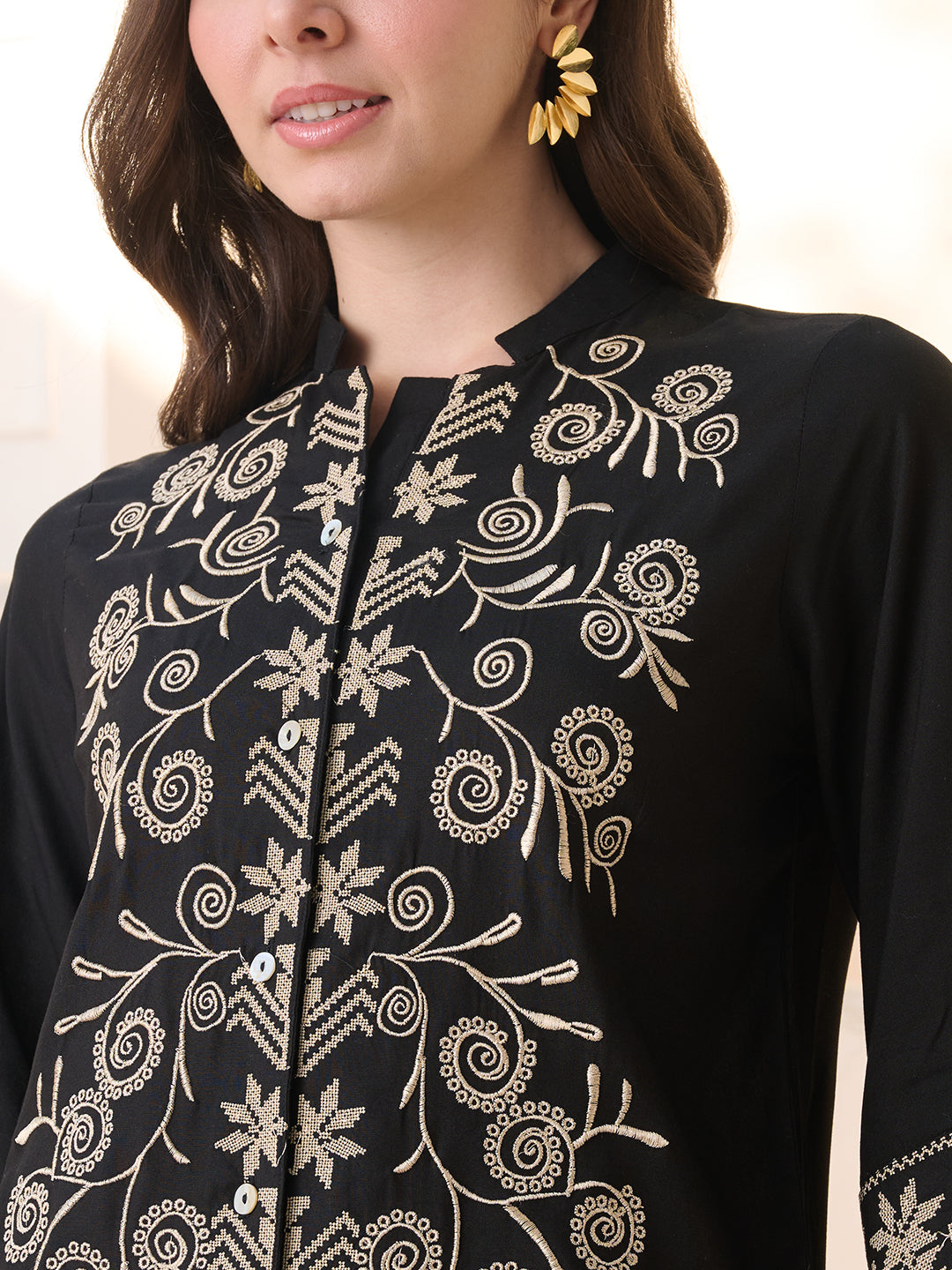 Black Solid & Embroidered Rayon Co-Ord Set