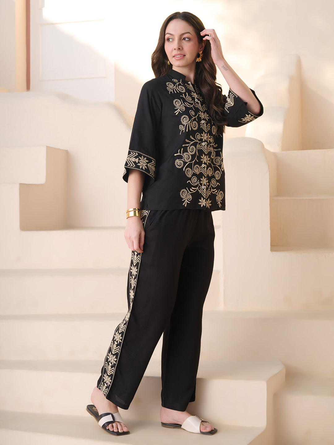 Black Solid & Embroidered Rayon Co-Ord Set