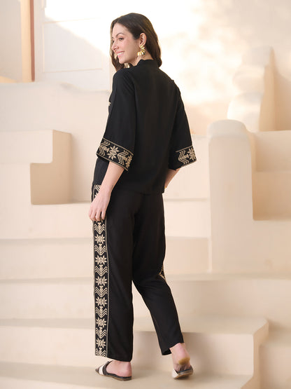 Black Solid & Embroidered Rayon Co-Ord Set