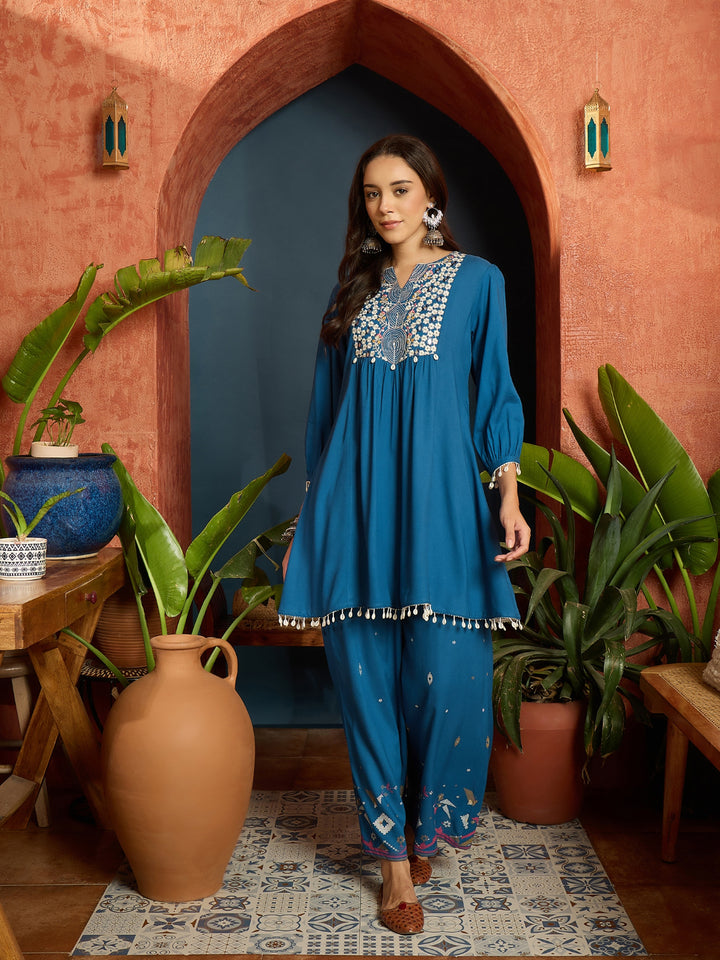 Solid &amp; Embroidered Rayon A-Line Co-Ord Set
