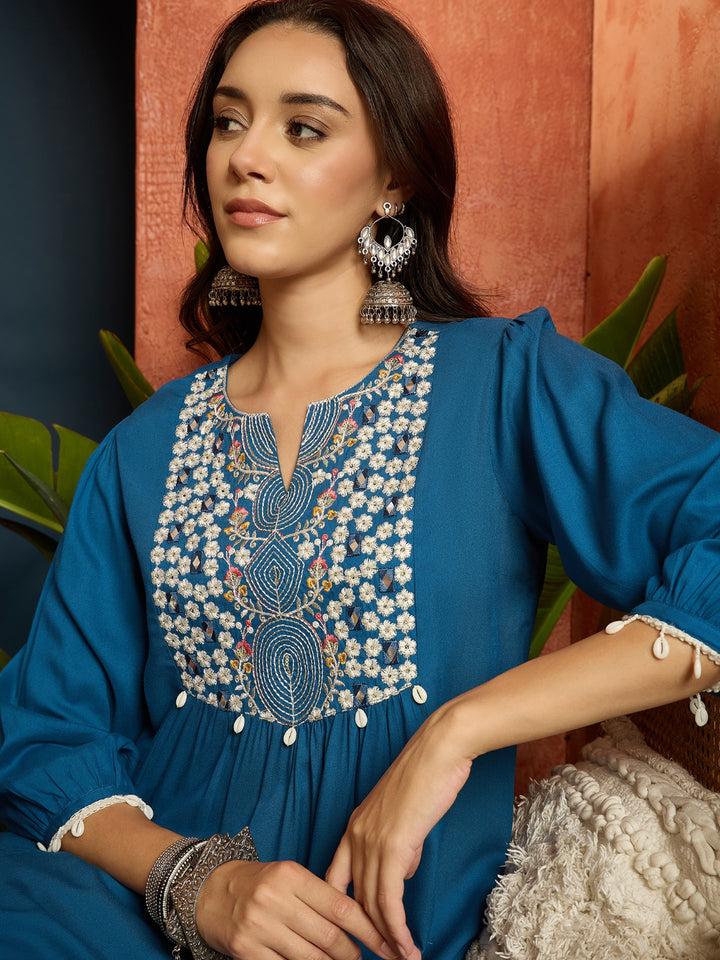 Solid &amp; Embroidered Rayon A-Line Co-Ord Set