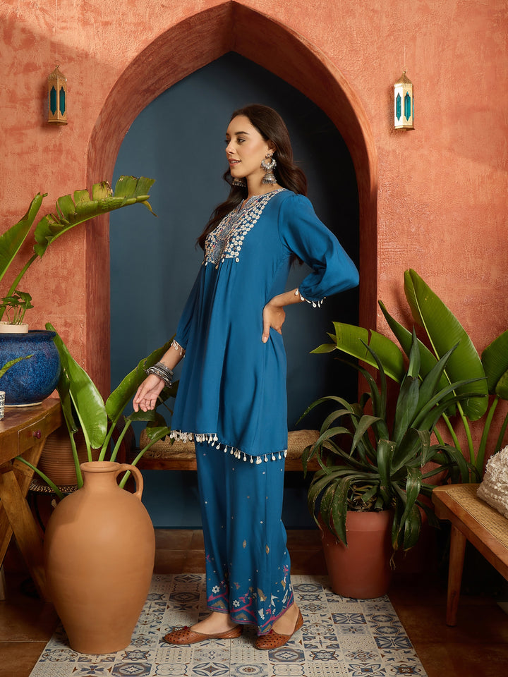 Solid &amp; Embroidered Rayon A-Line Co-Ord Set