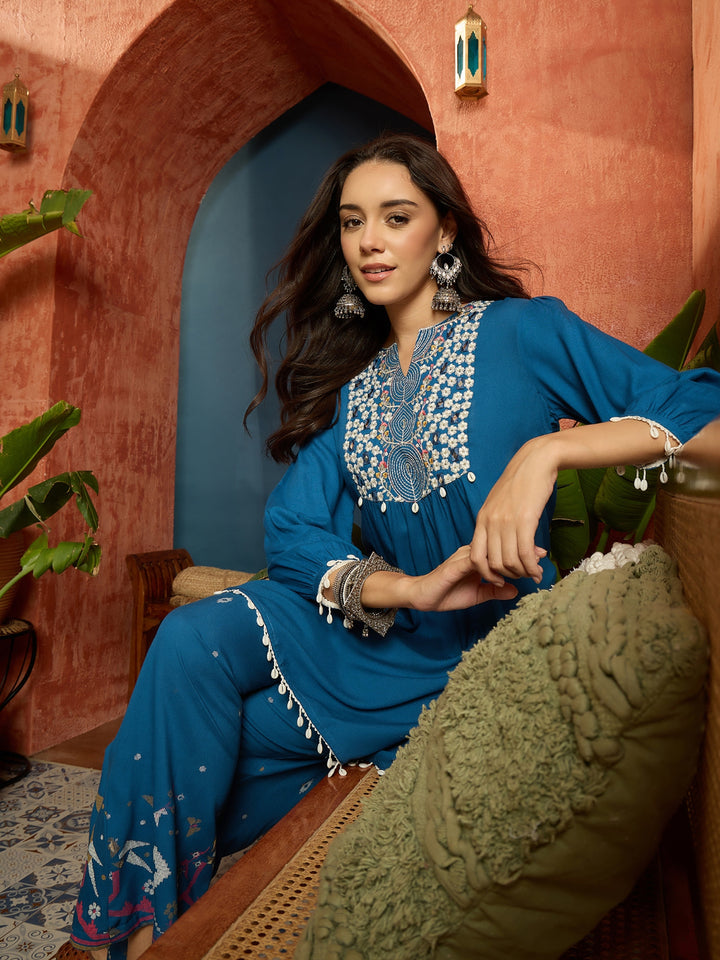Solid &amp; Embroidered Rayon A-Line Co-Ord Set