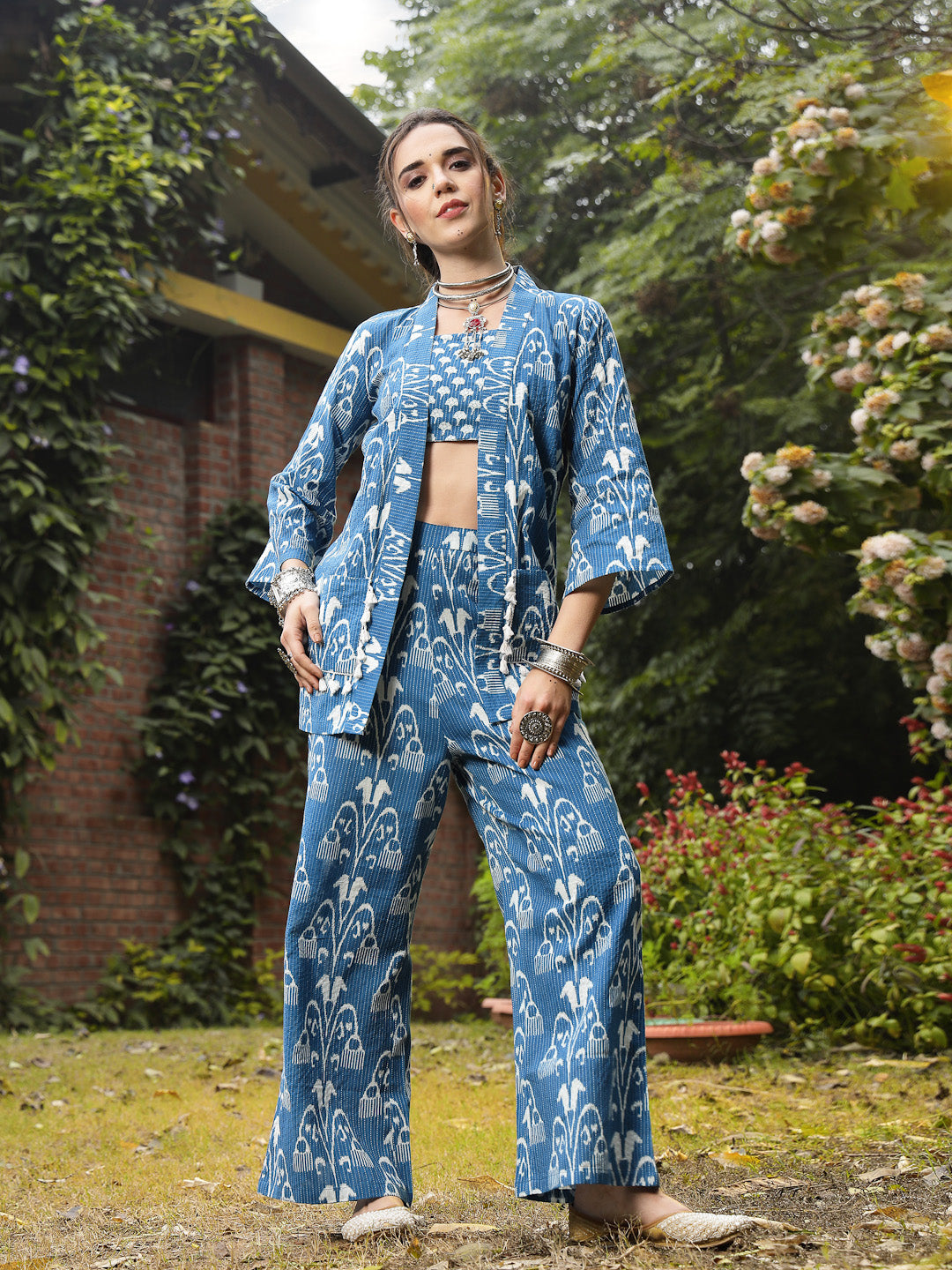 Blue Ikat Printed Katha Cotton Co-Ord Set