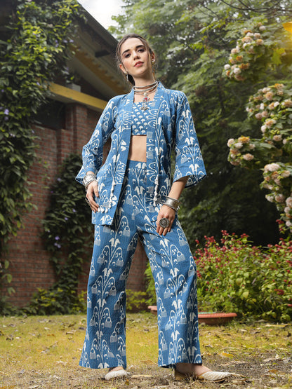 Blue Ikat Printed Katha Cotton Co-Ord Set