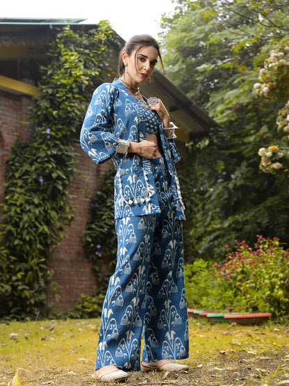 Blue Ikat Printed Katha Cotton Co-Ord Set