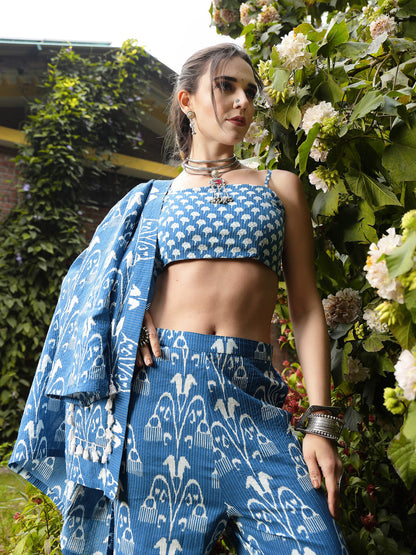 Blue Ikat Printed Katha Cotton Co-Ord Set (Pre-Order)