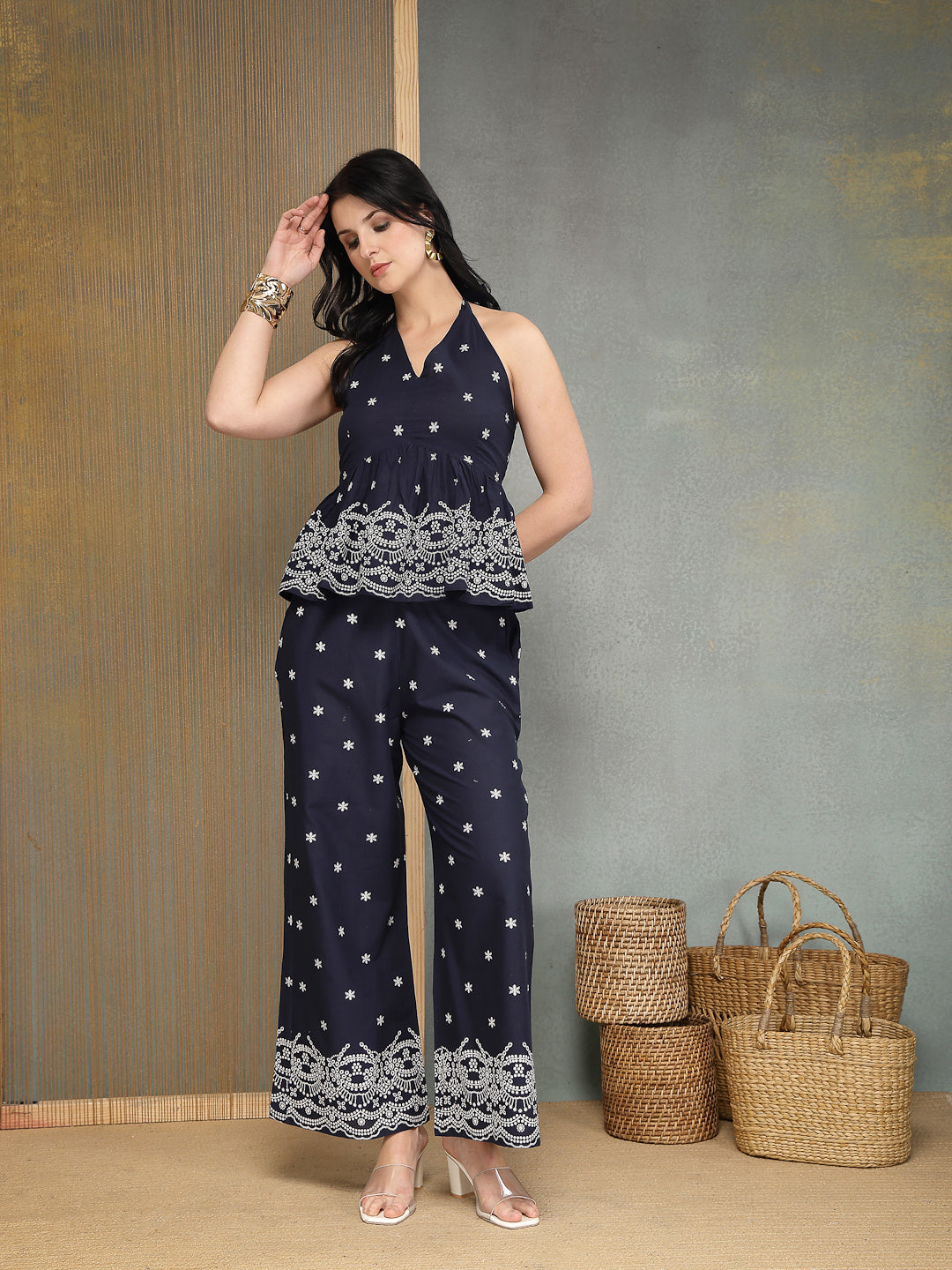 Solid &amp; Embroidered Cotton Co-Ords Set