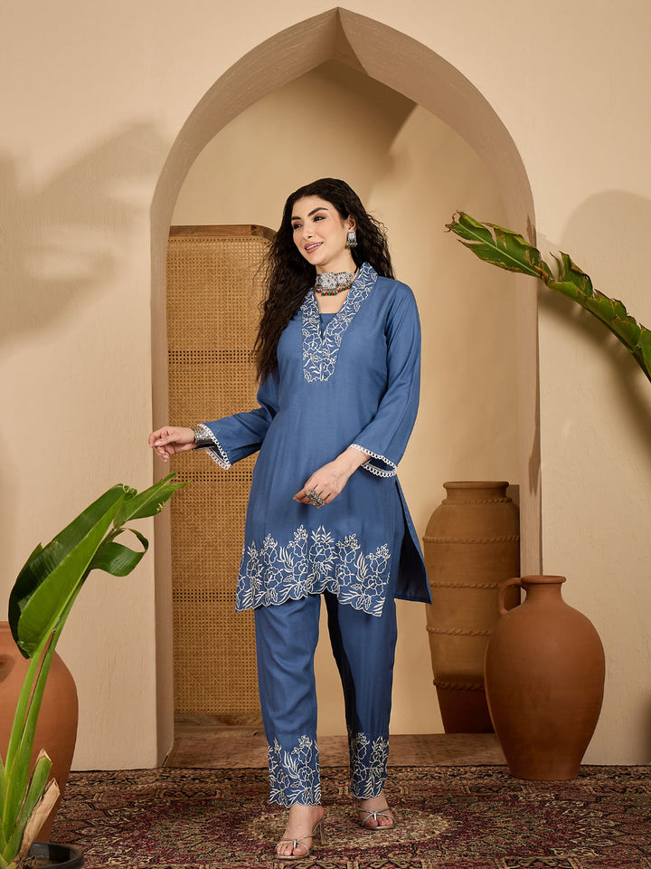Solid &amp; Embroidered Rayon Co-Ord Set